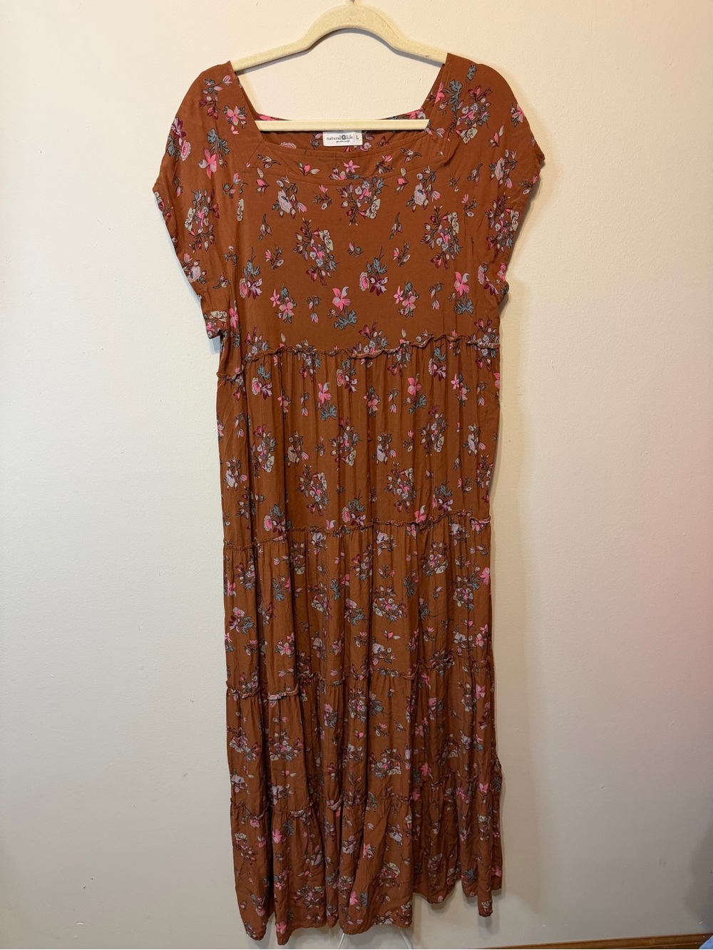 NATURAL LIFE Rust Brown Floral Maxi Dress with Pink Accents